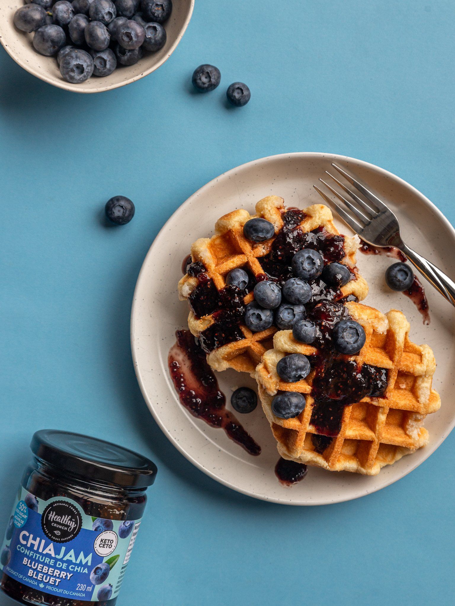 Keto Waffles with Blueberry Chia Jam (Keto, Vegan, Gluten-free, Dairy-free, Allergen-friendly, Grain-free, Low Sugar)